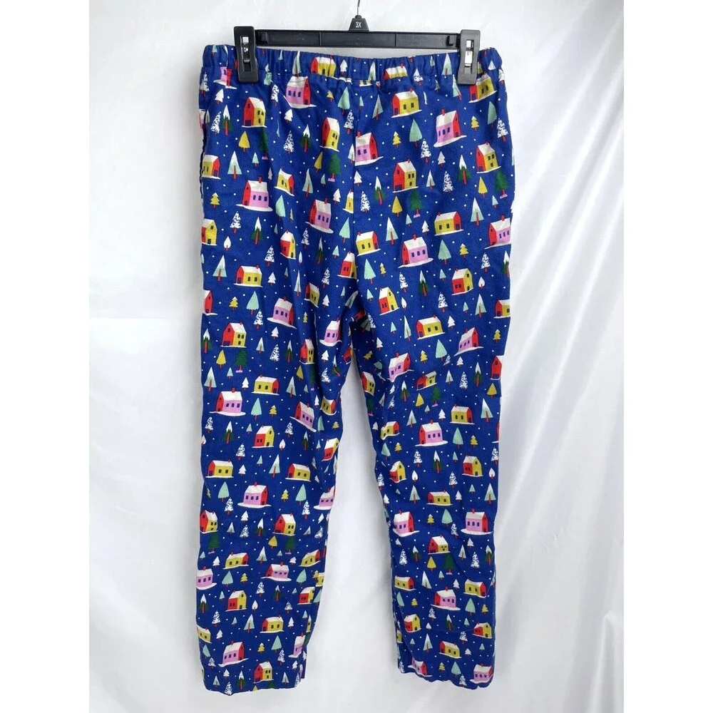 Hanna Andersson Adult Small PJ Blue Fleece Pants Cotton Houses Snow‎ Trees